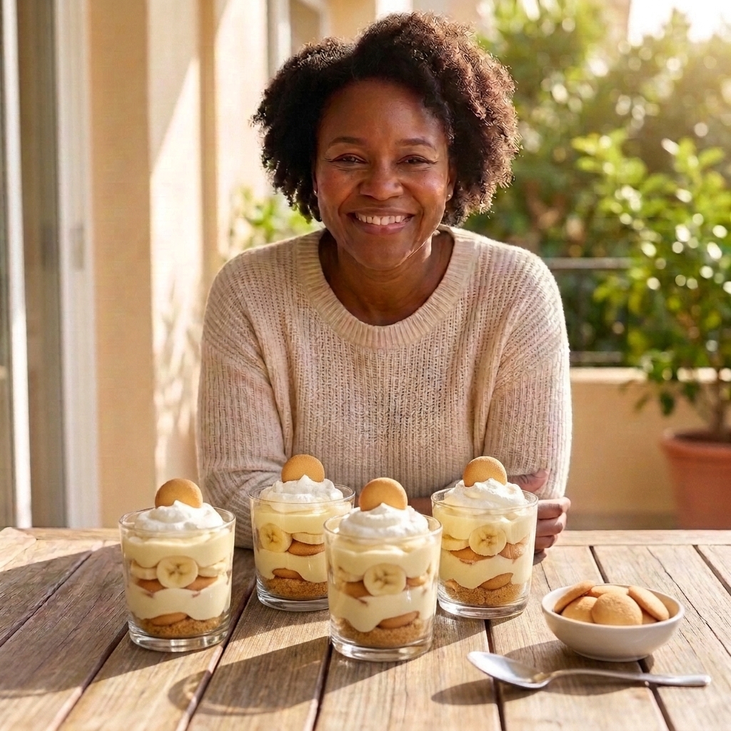 Individual banana pudding cups with banana slices, vanilla wafers, and whipped topping