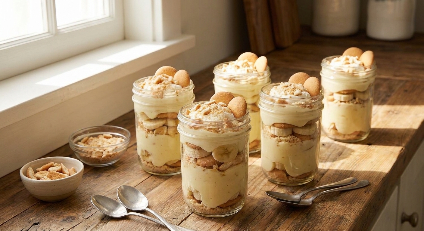 Individual glass jars filled with layered banana pudding, topped with crushed vanilla wafers on a wooden table