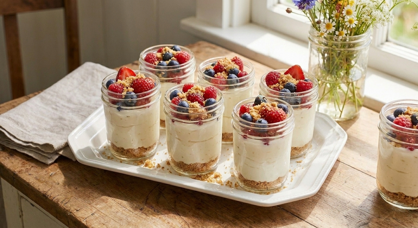 Individual no-bake cheesecake cups topped with fresh berries and a sprinkle of graham crumbs on a white platter