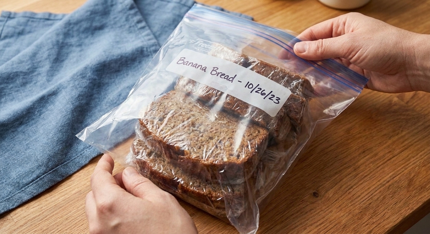 Individual slices of banana bread wrapped and placed in a labeled freezer bag on a kitchen counter