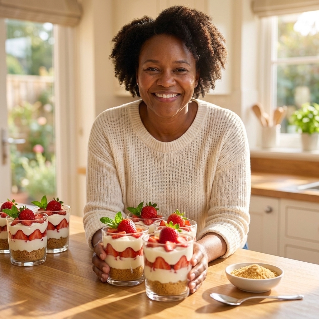 Individual strawberry cheesecake cups with graham crumb layers and fresh strawberry slices