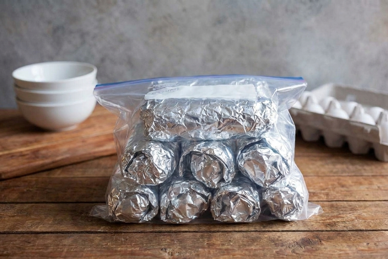 Individually foil-wrapped breakfast burritos packed in a large freezer bag on a kitchen counter