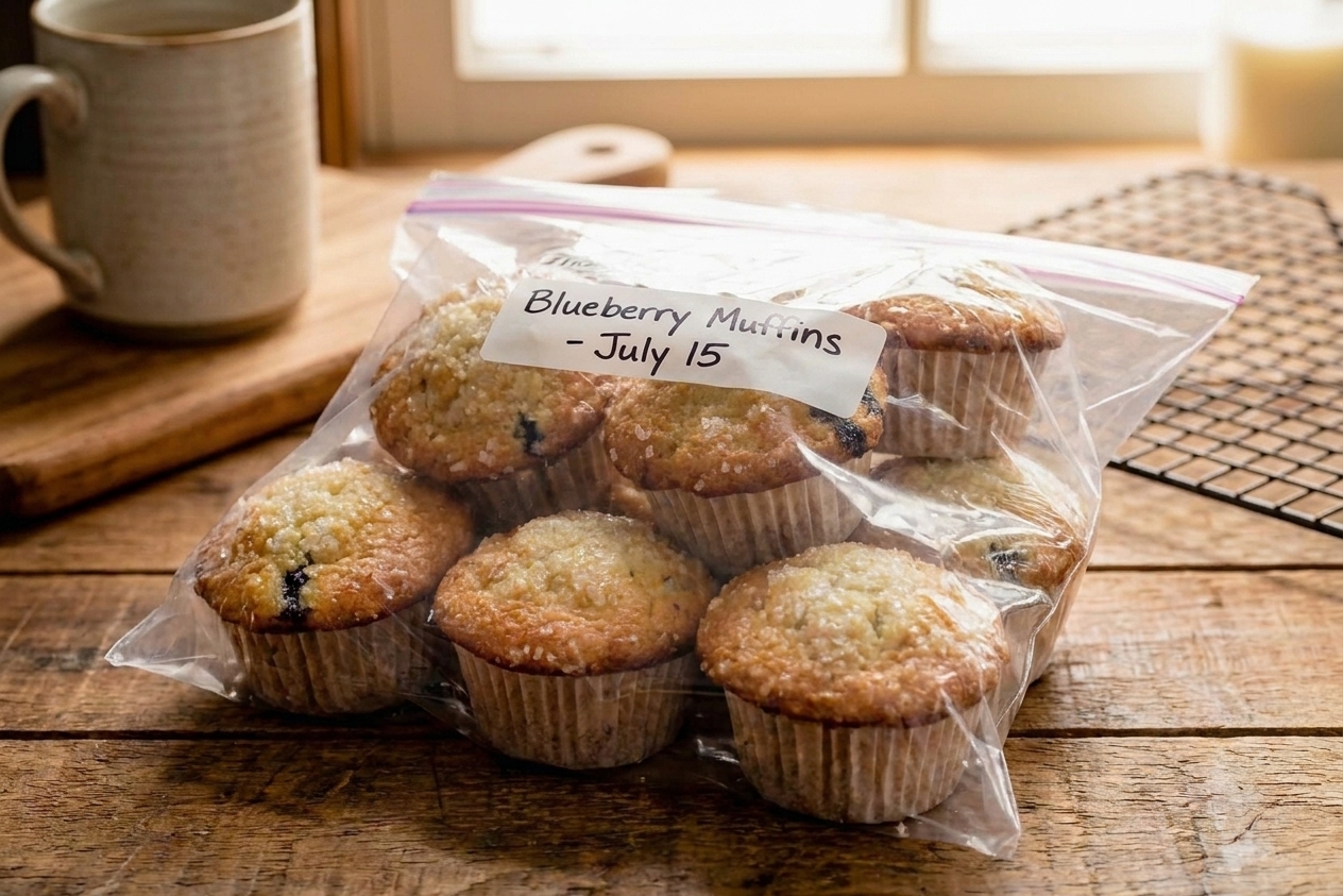 Individually wrapped muffins placed inside a labeled freezer bag on a kitchen counter