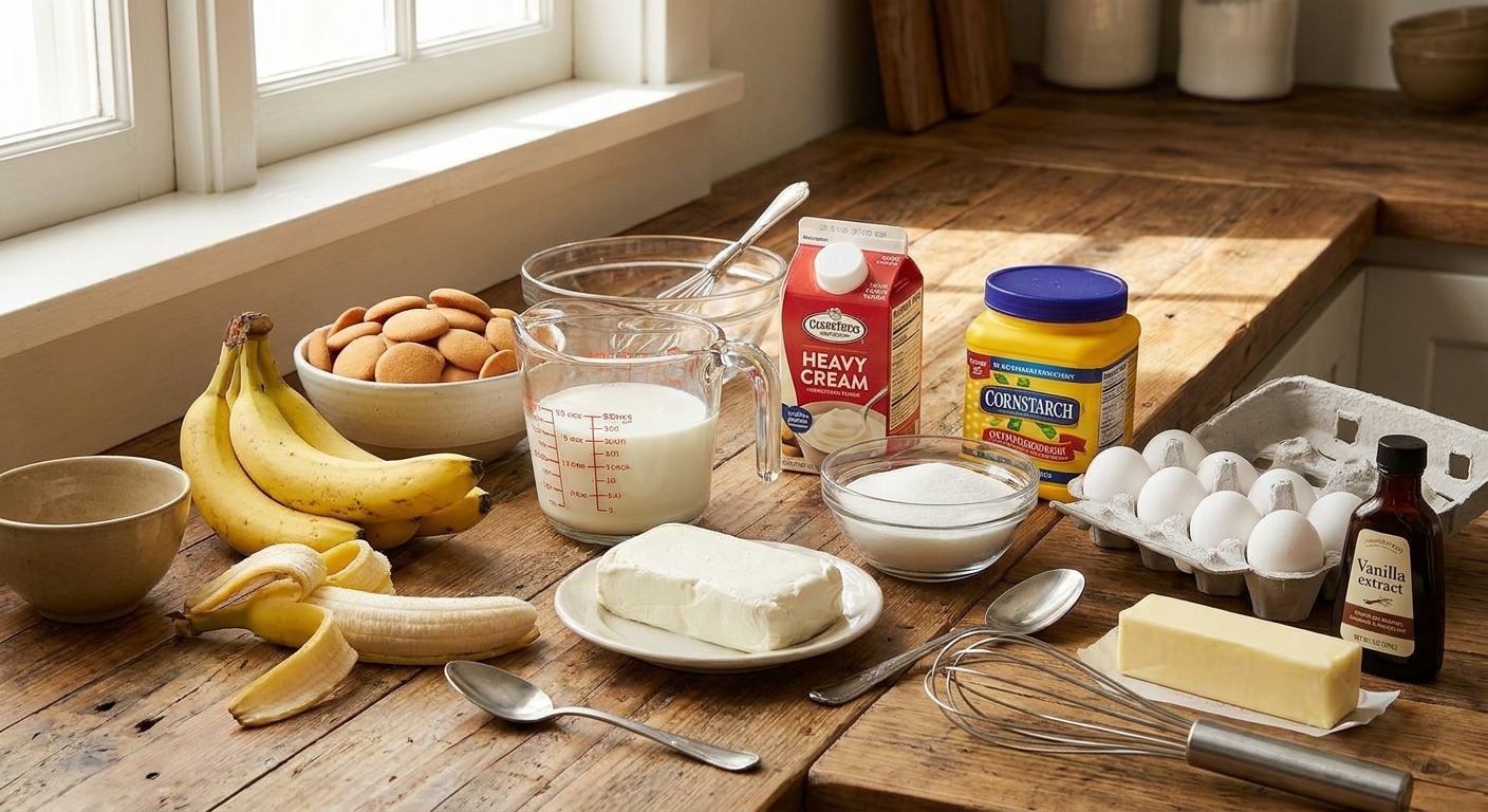 Ingredients for banana pudding arranged on a kitchen counter, including ripe bananas, vanilla wafers, milk, heavy cream, cream cheese, sugar, cornstarch, eggs, butter, and vanilla extract