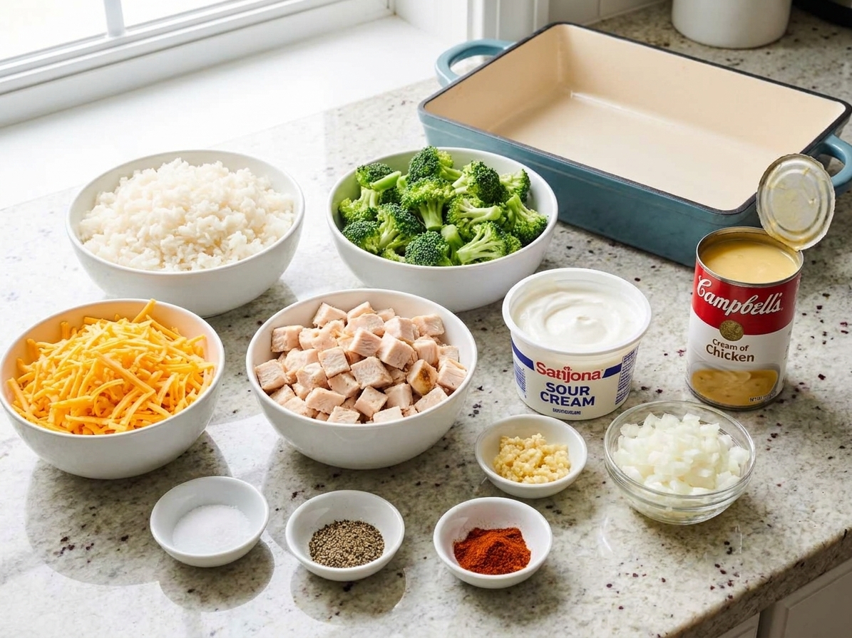 Ingredients for broccoli rice casserole arranged on a kitchen counter, including cooked rice, chopped broccoli, shredded cheddar, cooked chicken, sour cream, cream of chicken soup, garlic, onion, and seasonings