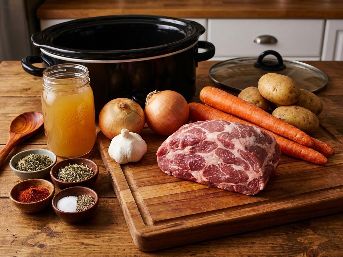 Ingredients for crock pot pork roast on a kitchen counter including a pork shoulder roast, onions, garlic, carrots, potatoes, broth, and pantry seasonings