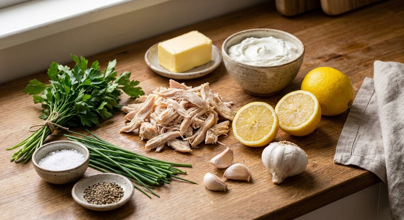 Ingredients on a kitchen counter including shredded cooked chicken, softened butter, Greek yogurt, lemon, garlic cloves, fresh parsley, chives, salt, and black pepper