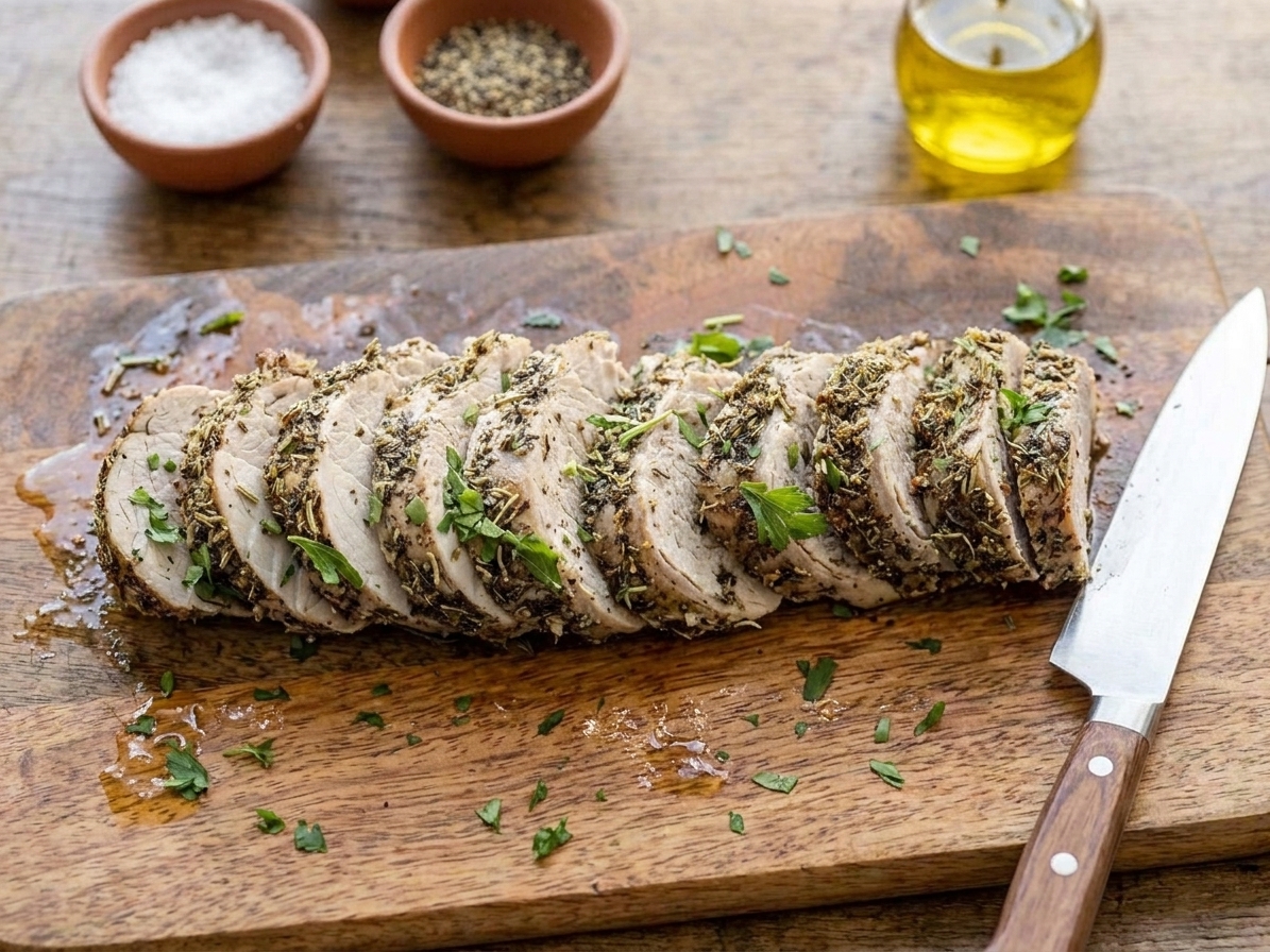 Juicy pork tenderloin sliced into medallions on a cutting board with resting juices and a knife nearby