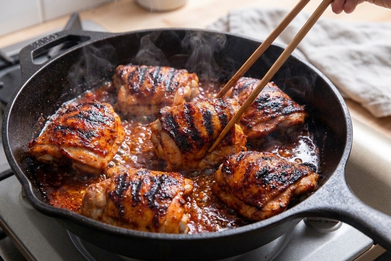 Korean BBQ chicken thighs cooking in a dark skillet with bubbling gochujang glaze and browned edges