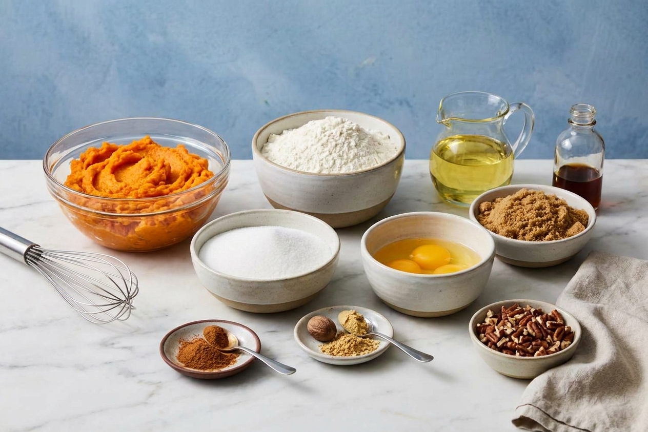 Measured baking ingredients for sweet potato cake on a kitchen counter, including mashed sweet potato, flour, sugar, eggs, oil, spices, and vanilla