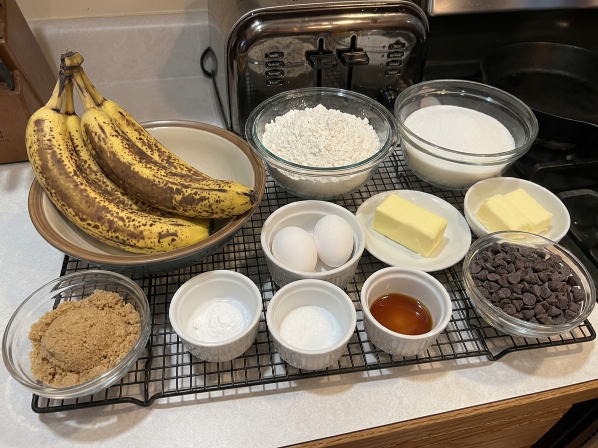 Measured banana bread ingredients arranged on a kitchen counter, including ripe bananas, flour, sugar, eggs, butter, baking soda, salt, and vanilla