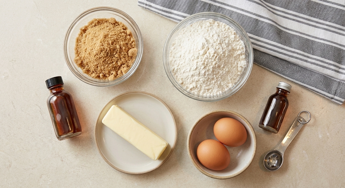 Measured brown sugar, flour, butter, eggs, and vanilla on a counter ready to bake