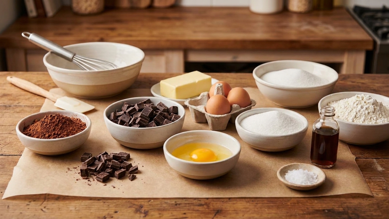 Measured brownie ingredients on a kitchen counter including cocoa powder, chopped chocolate, butter, eggs, sugar, flour, vanilla, and salt