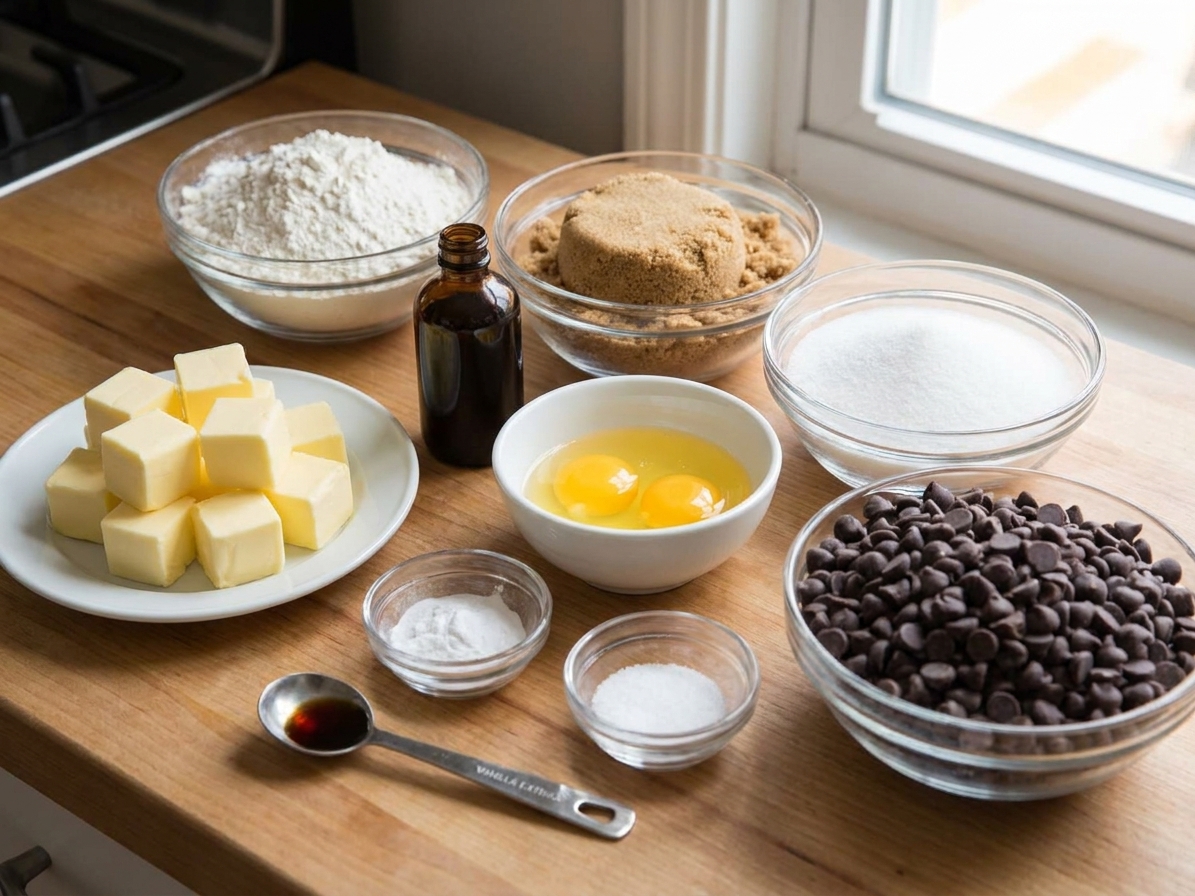 Measured flour, brown sugar, white sugar, butter, eggs, vanilla, baking soda, salt, and chocolate chips arranged on a kitchen counter