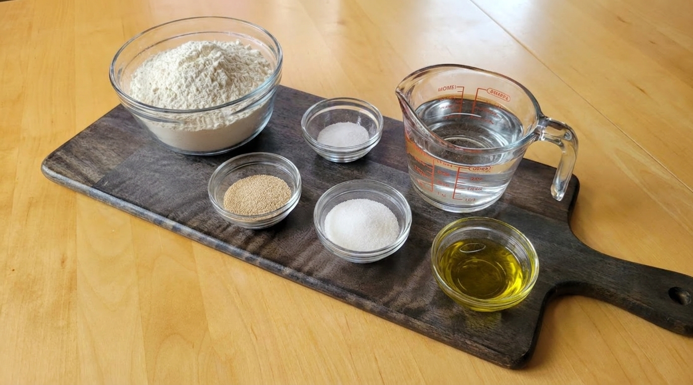 Measured flour, instant yeast, salt, sugar, warm water, and olive oil arranged on a kitchen counter