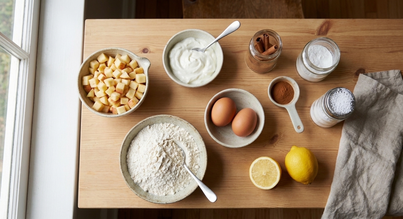 Measured ingredients for apple fritters on a kitchen counter, including diced apples, flour, Greek yogurt, eggs, cinnamon, baking powder, lemon, and powdered sugar
