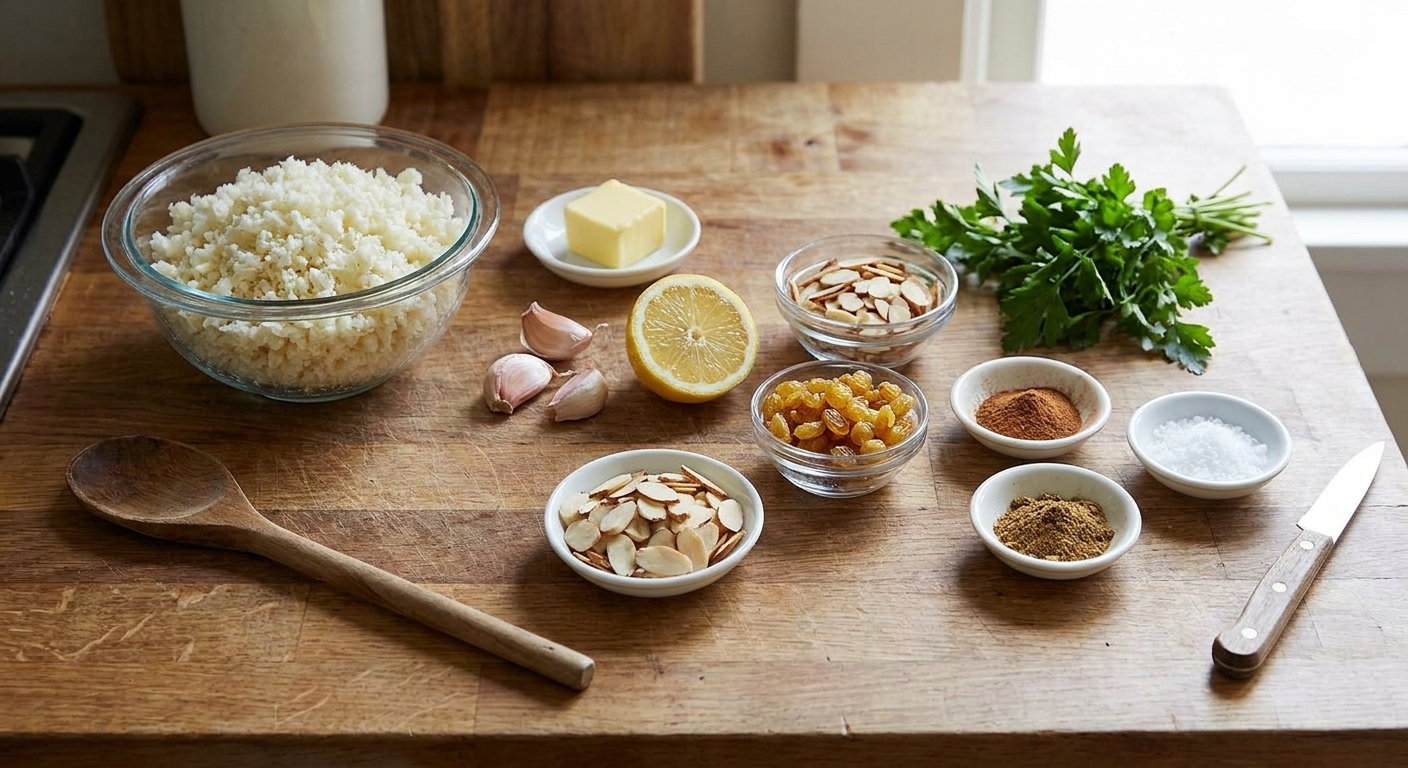 Measured ingredients for cauliflower rice on a kitchen counter including cauliflower rice, butter, garlic, lemon, golden raisins, sliced almonds, parsley, cinnamon, cumin, and salt