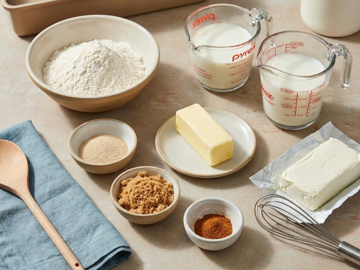 Measured ingredients for cinnamon rolls arranged on a kitchen counter including flour, yeast, milk, butter, brown sugar, cinnamon, and cream cheese