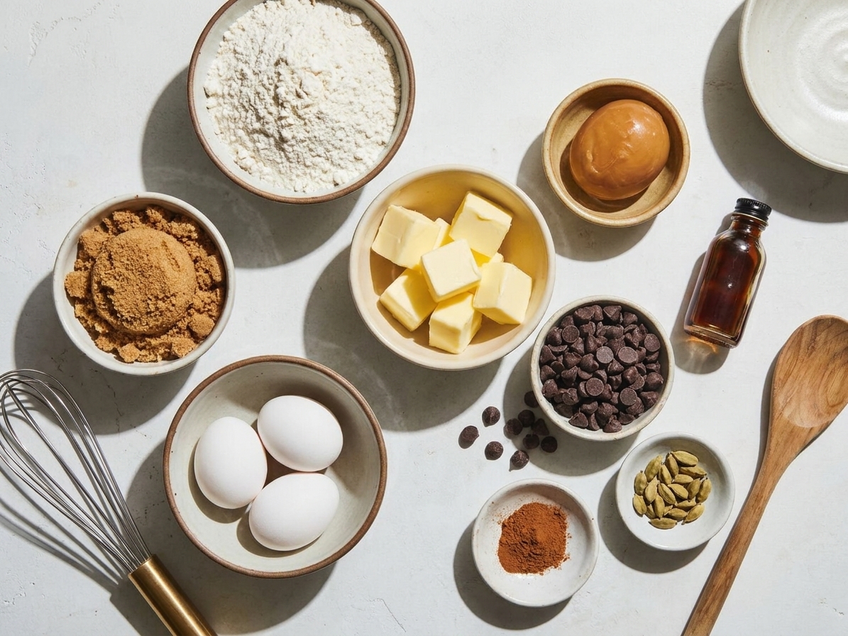 Measured ingredients on a kitchen counter for a cookie cake, including flour, brown sugar, butter, eggs, vanilla, chocolate chips, cinnamon, and cardamom