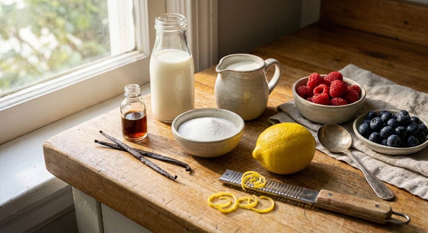 Measured ingredients on a kitchen counter including milk, a small amount of cream, sugar, lemon, vanilla, and berries
