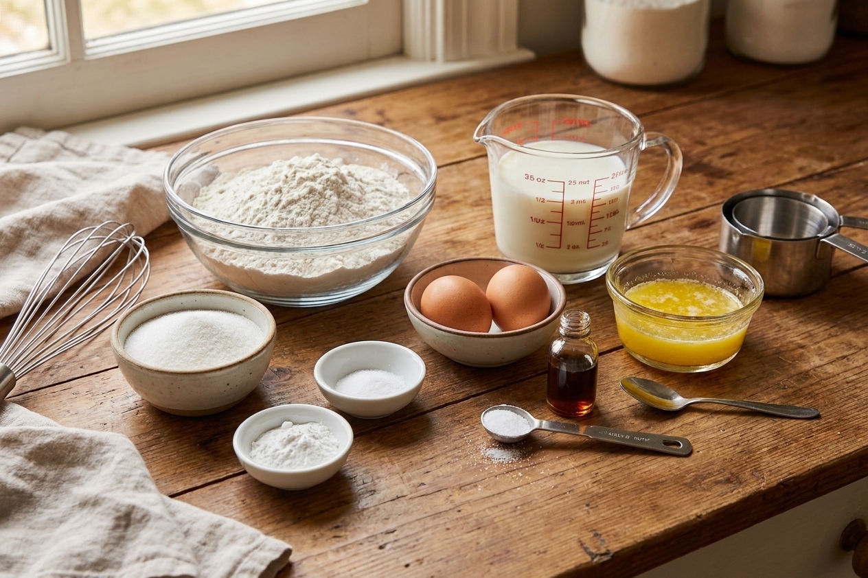 Measured pancake ingredients on a kitchen counter including flour, sugar, baking powder, eggs, milk or buttermilk, melted butter, vanilla, and salt
