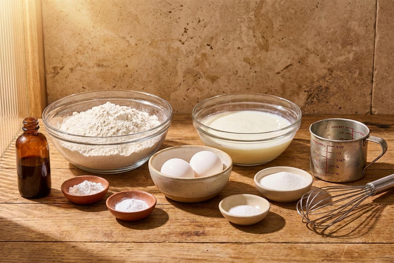 Measured pancake ingredients on a wooden counter including flour, buttermilk, eggs, small bowls of baking powder and baking soda, sugar, salt, and vanilla