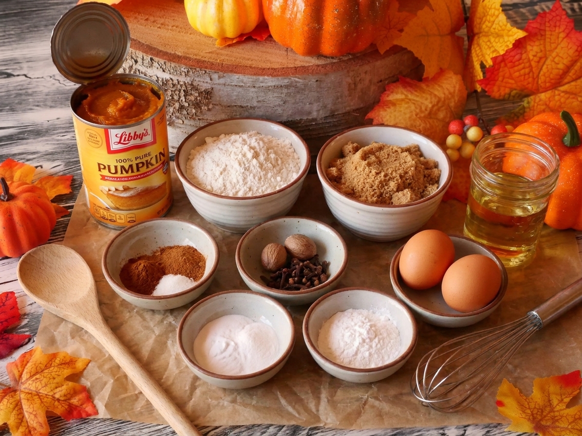Measured pumpkin bread ingredients on a kitchen counter including canned pumpkin puree, flour, eggs, oil, brown sugar, spices, baking soda, and baking powder