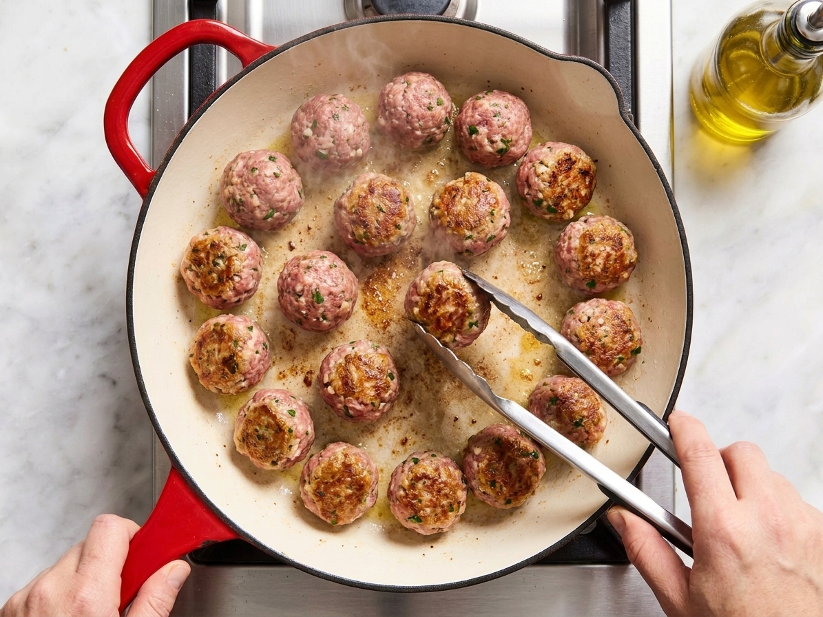 Meatballs searing in a cast iron skillet with a golden-brown crust forming on the sides