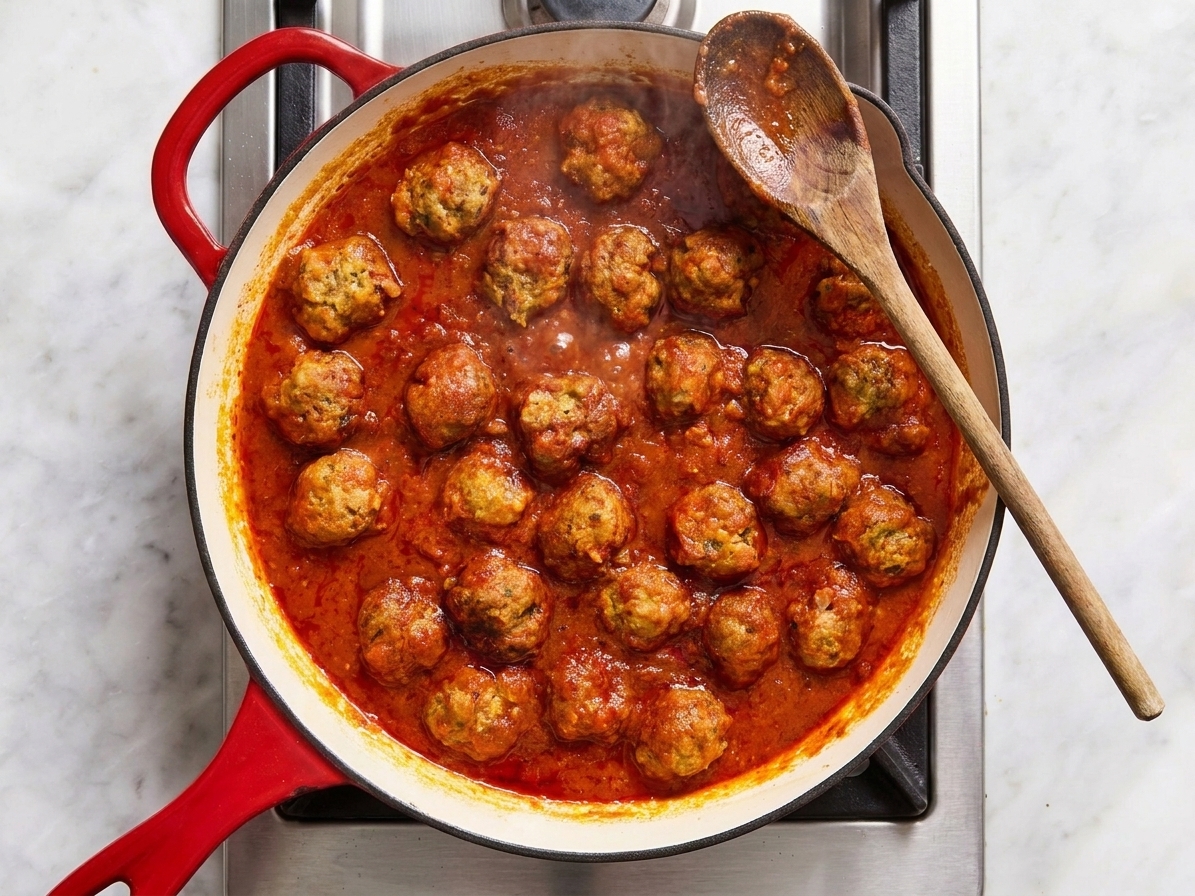 Meatballs simmering in a pot of marinara sauce with a wooden spoon resting on the edge