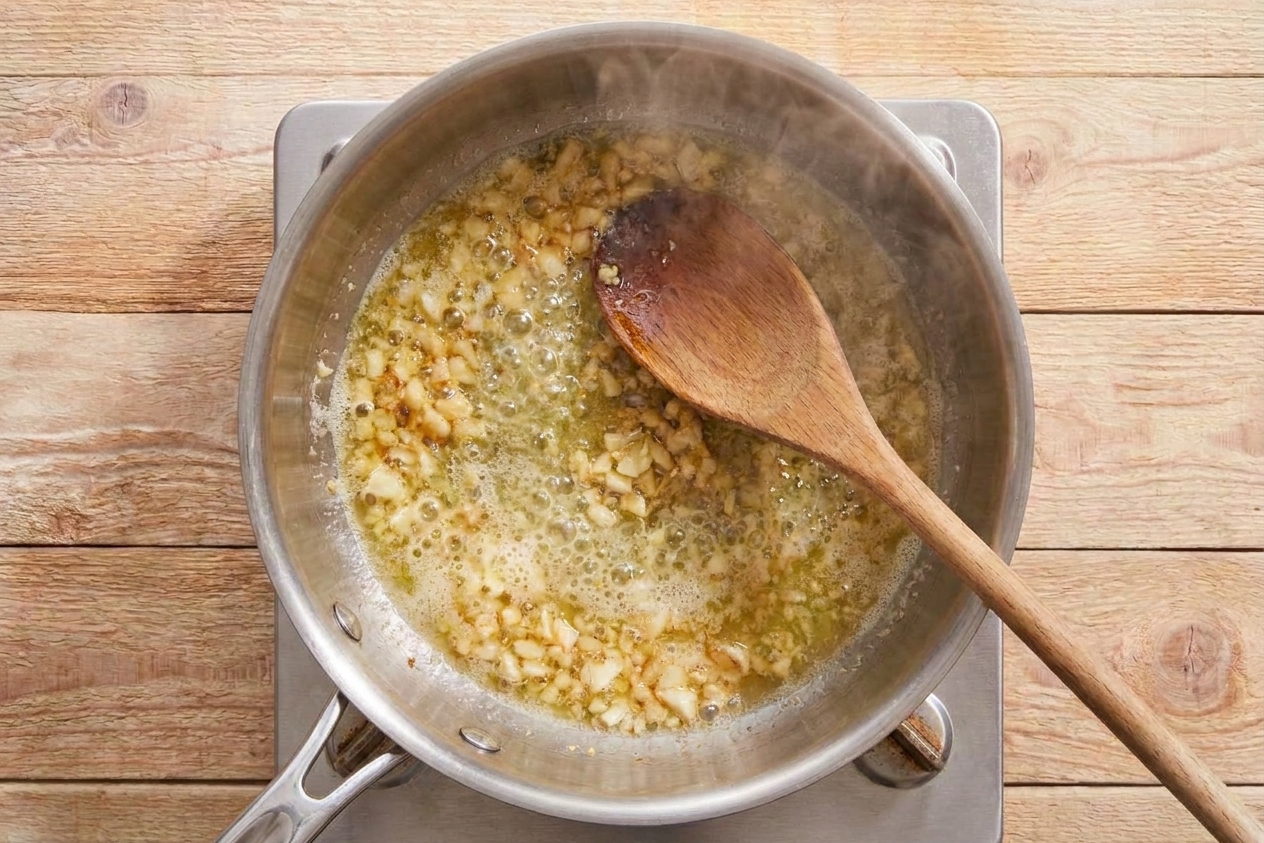 Melted butter and minced garlic sizzling in a small saucepan on the stove