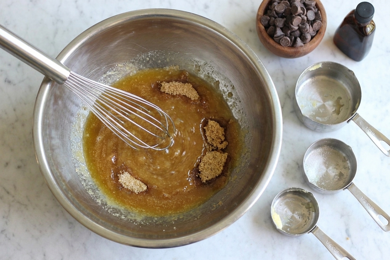 Melted butter and sugars being whisked together in a large mixing bowl with measuring cups nearby