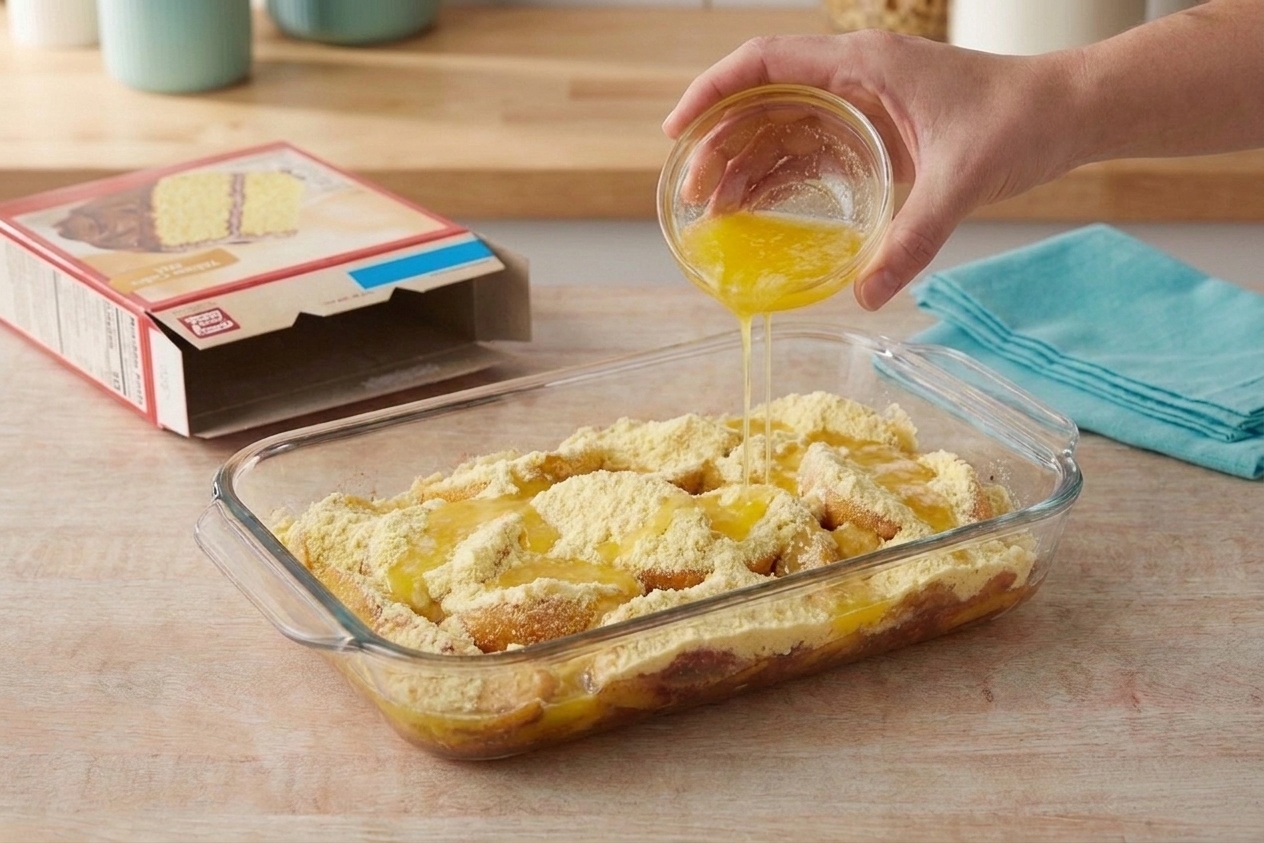 Melted butter being poured in thin streams over a layer of dry cake mix on top of peaches