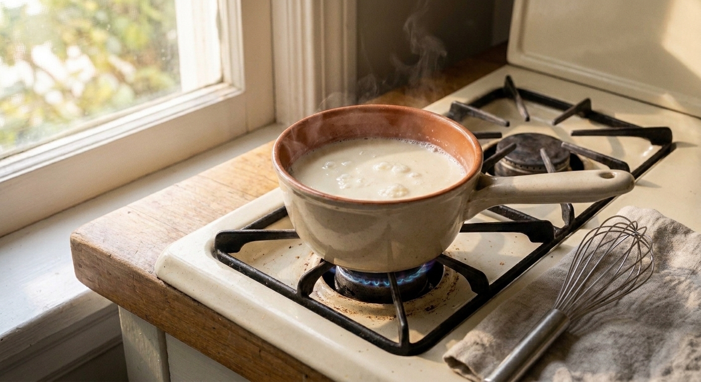 Milk and sugar gently simmering in a small saucepan on a stove with a whisk nearby