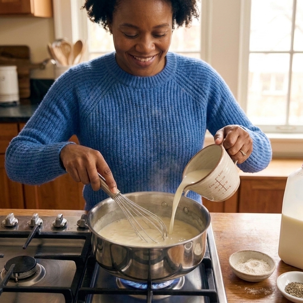 Milk being poured into a saucepan while a whisk blends it into a smooth white sauce