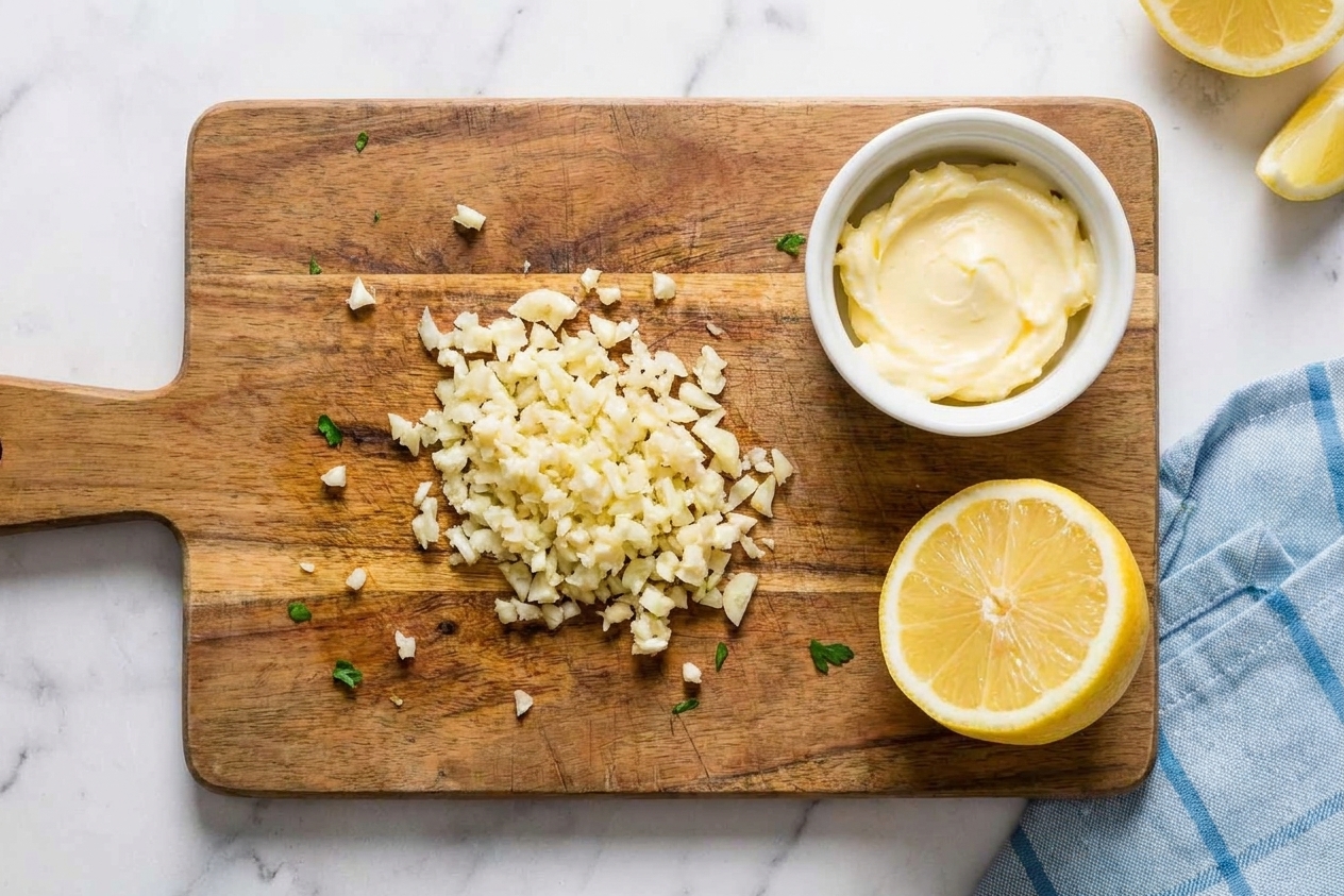 Minced fresh garlic on a wooden cutting board next to a small bowl of butter and a halved lemon