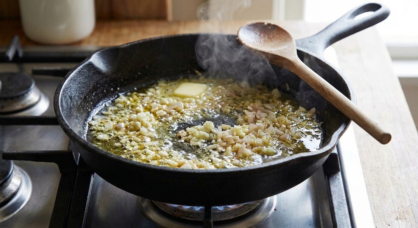 Minced garlic and minced shallot sizzling in butter and olive oil in a skillet