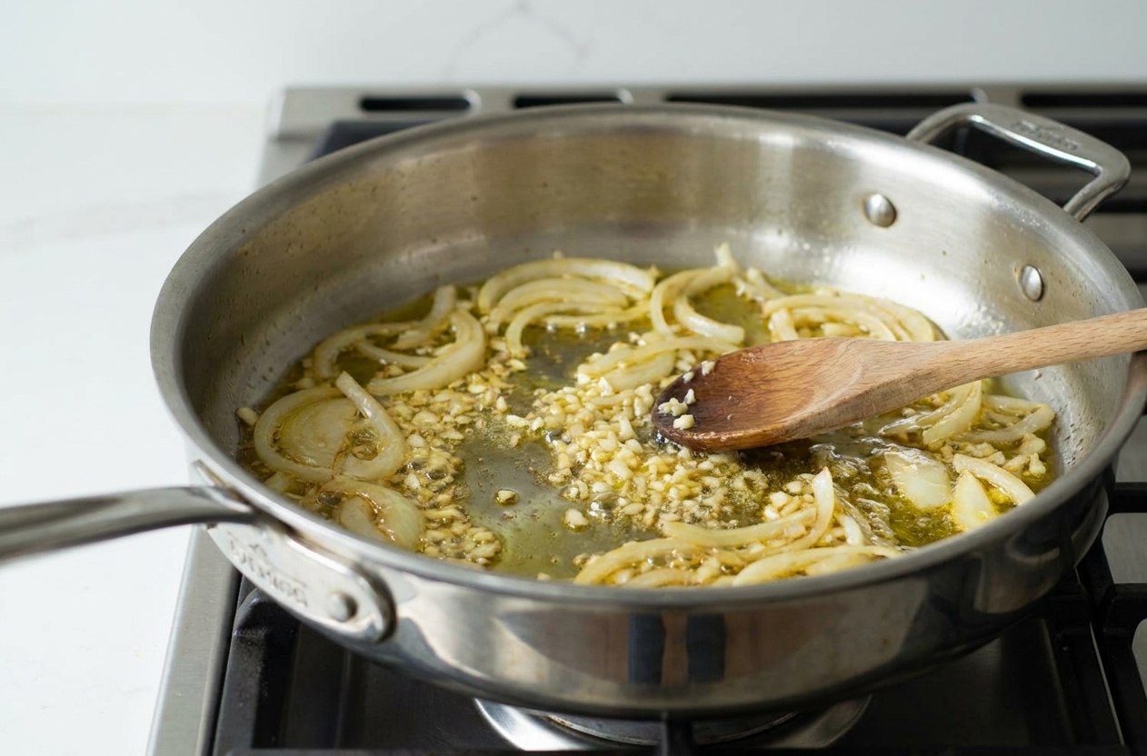 Minced garlic and sliced onions sizzling in olive oil in a large skillet on the stovetop