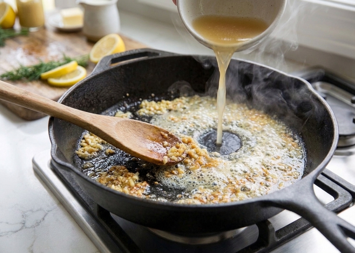 Minced garlic sizzling in butter as broth is added to a skillet, with a wooden spoon scraping flavorful browned bits from the bottom