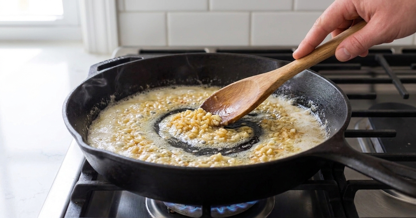 Minced garlic sizzling in melted butter in a skillet on a stovetop with a wooden spoon stirring