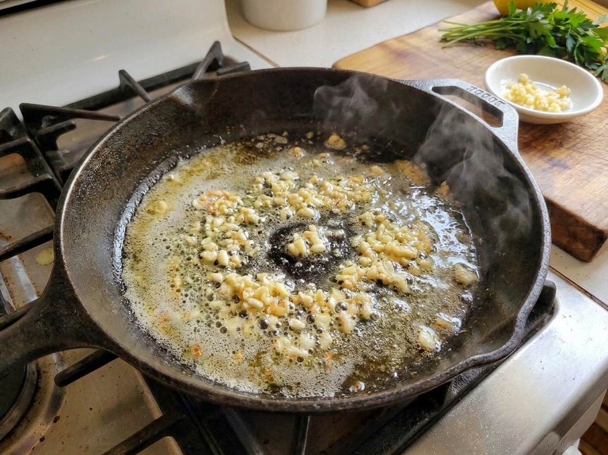 Minced garlic sizzling in melted butter in a skillet, just beginning to turn fragrant