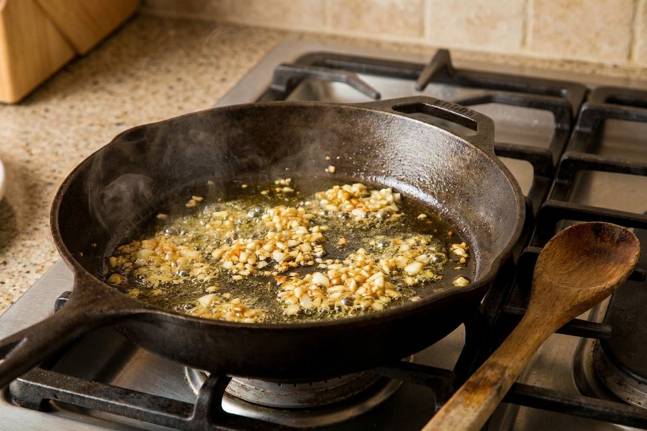 Minced garlic sizzling in olive oil in a skillet on a stovetop with a wooden spoon nearby