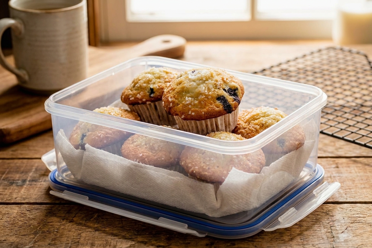 Muffins stored in a plastic airtight container lined with paper towels on a kitchen counter