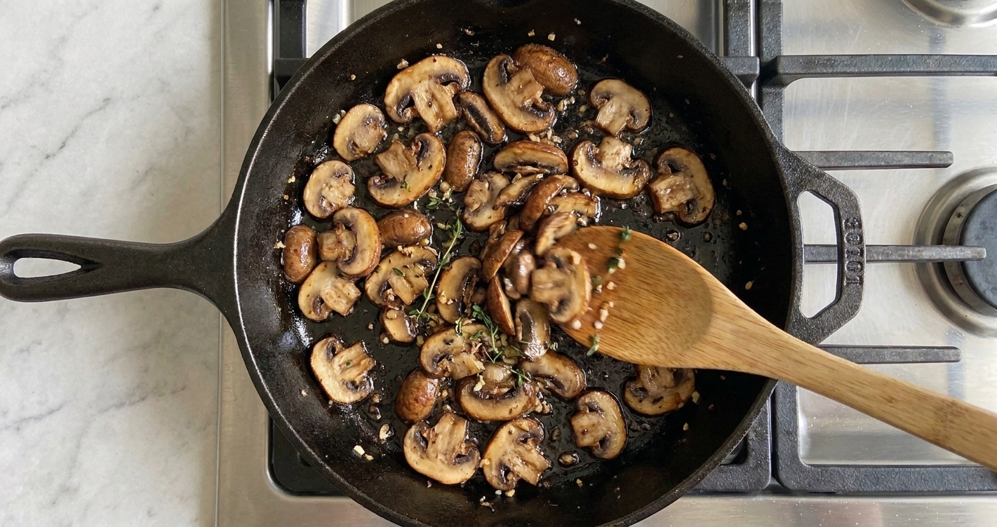 Mushrooms being sautéed in a skillet on a stove until browned, with a wooden spoon stirring