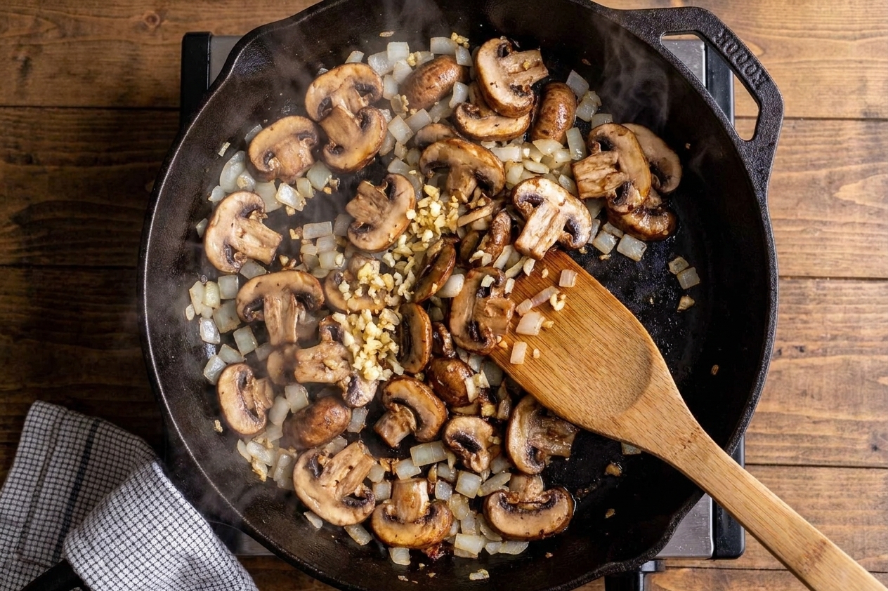 Mushrooms browning in a hot skillet with onions and garlic on a stovetop