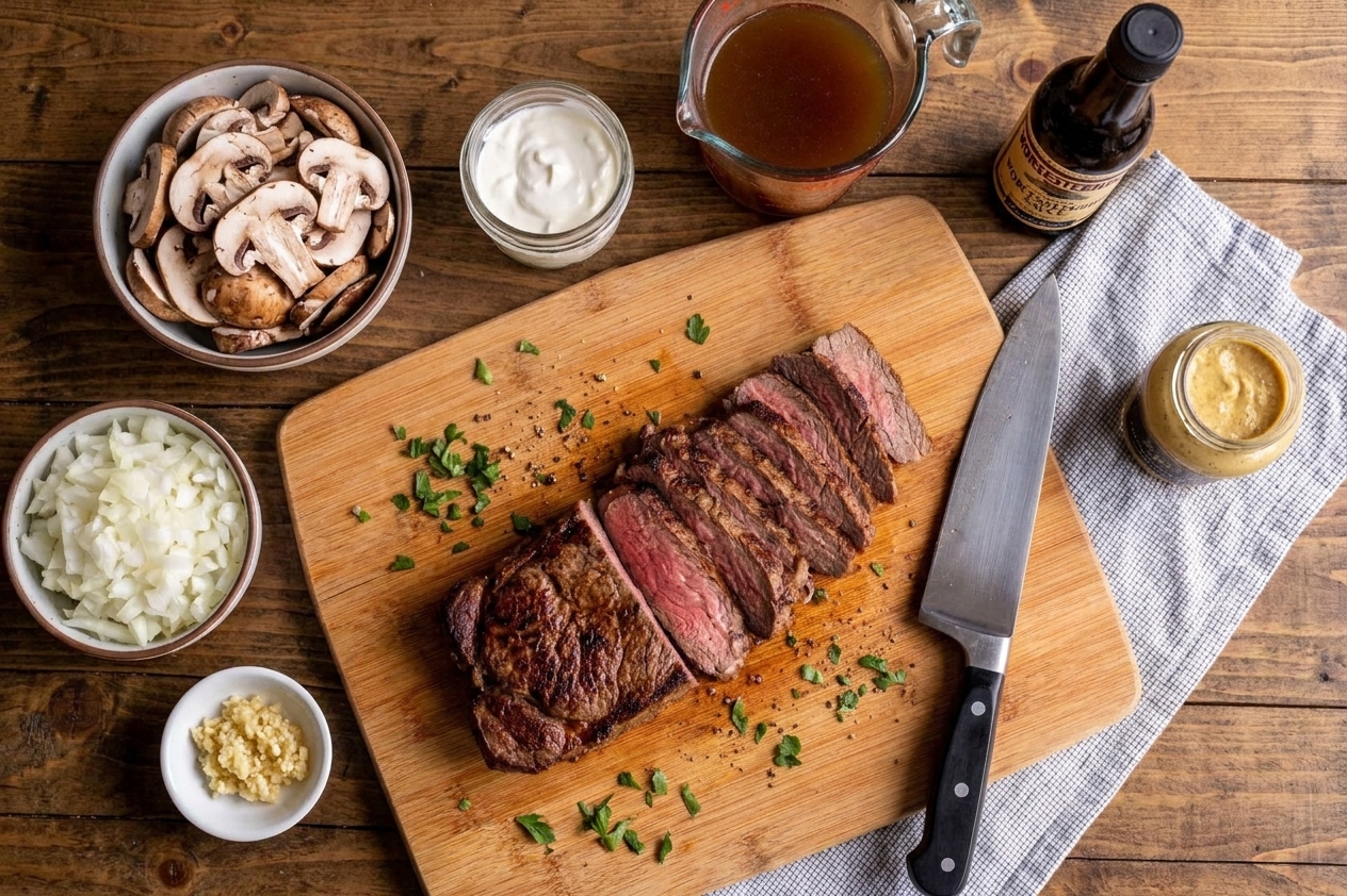 Mushrooms, sour cream, beef broth, Worcestershire sauce, onion, garlic, Dijon mustard, and sliced steak arranged on a countertop