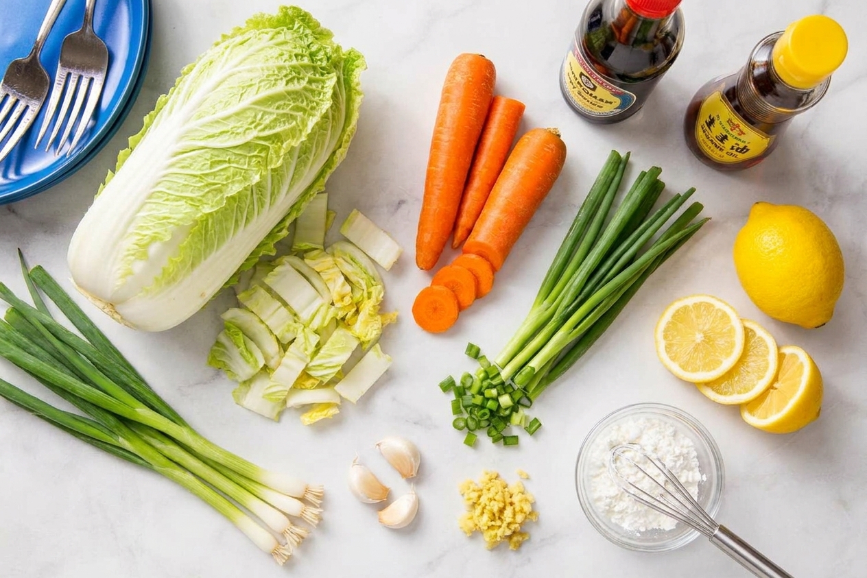Napa cabbage, carrots, scallions, garlic, ginger, soy sauce, sesame oil, a lemon, and a small bowl of cornstarch on a kitchen counter