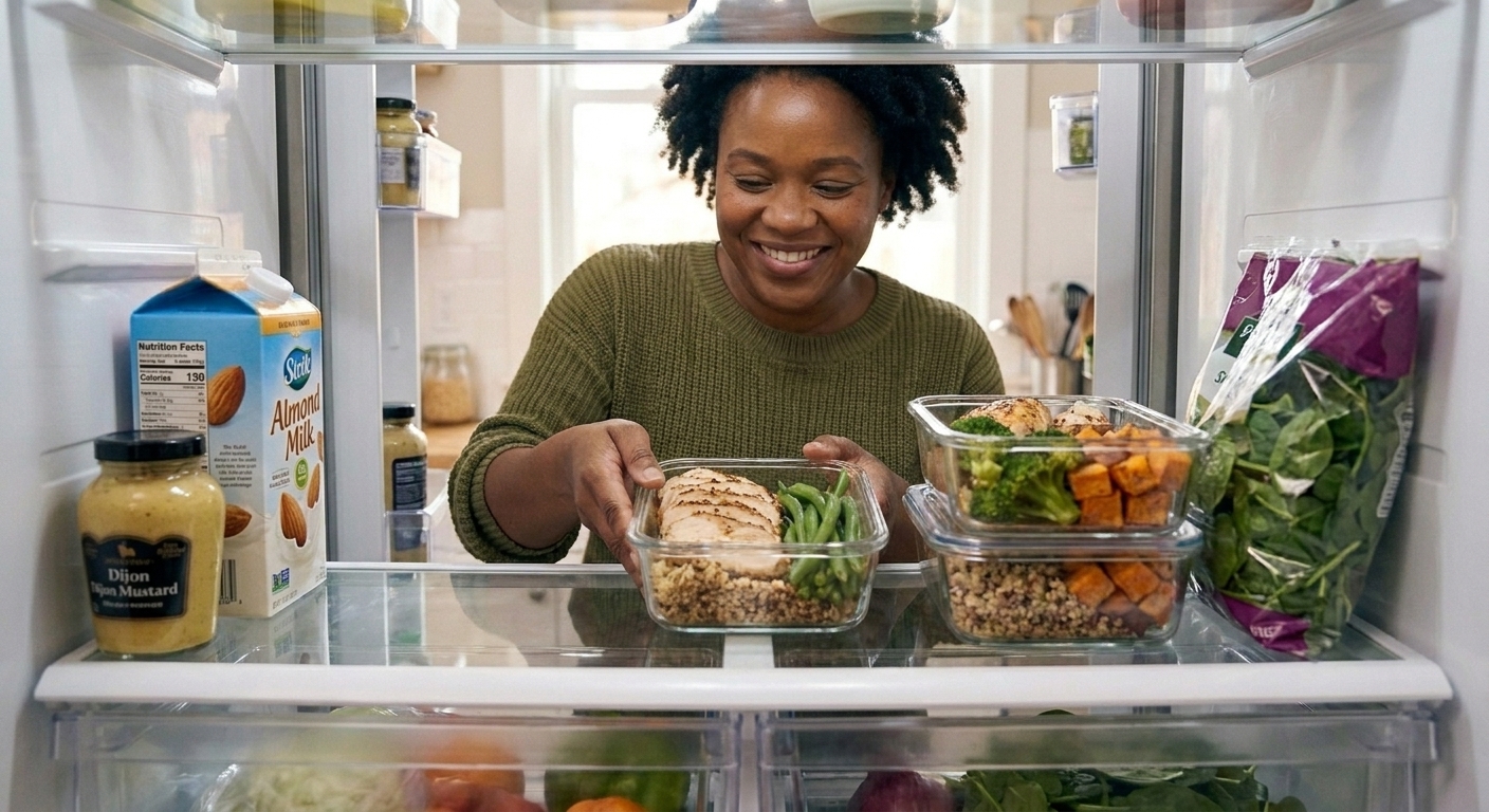 Neatly stacked meal prep containers on a refrigerator shelf with visible vegetables and grains