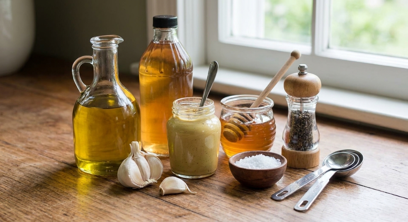 Olive oil, apple cider vinegar, Dijon mustard, honey, garlic, salt, and black pepper arranged on a kitchen counter with measuring spoons