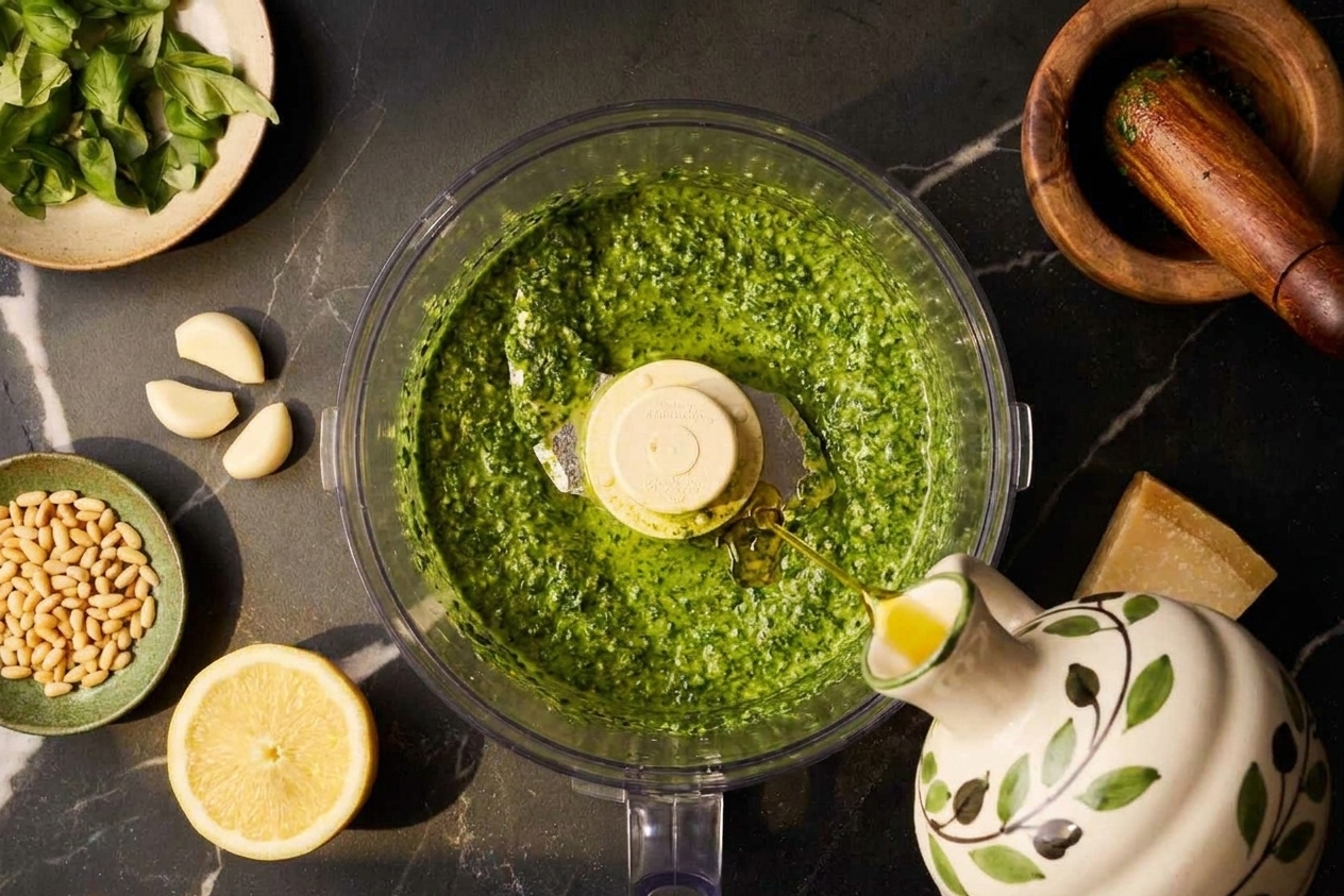 Olive oil being drizzled into a food processor while basil pesto blends into a smooth green sauce