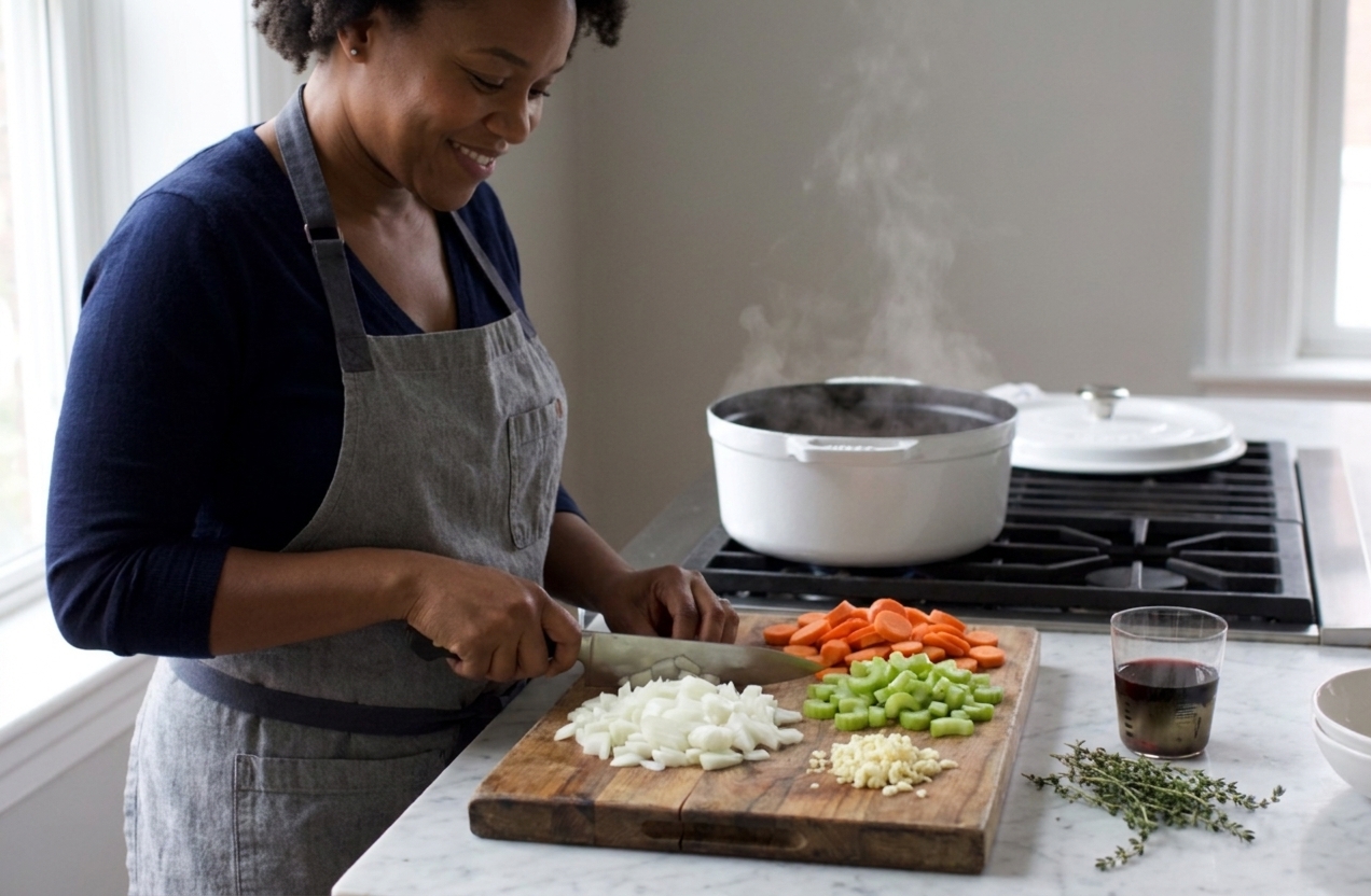 On a wooden cutting board, chopped onion, sliced carrots, sliced celery, and minced garlic arranged in small piles beside a chef's knife